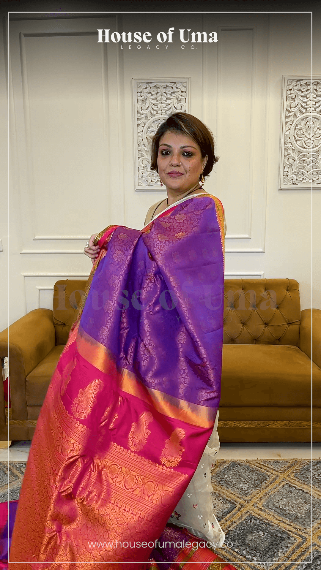 Handloom Pure Silk Gadwal in Deep Purple Brocade and Pink