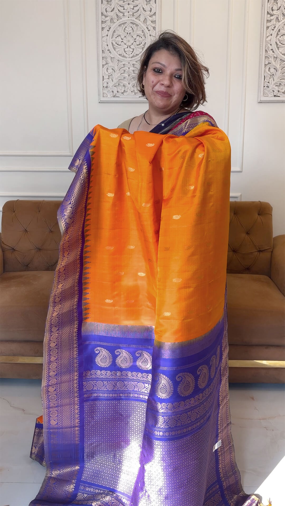 Handloom Pure Silk Gadwal in Orange and Royal Blue Pallu