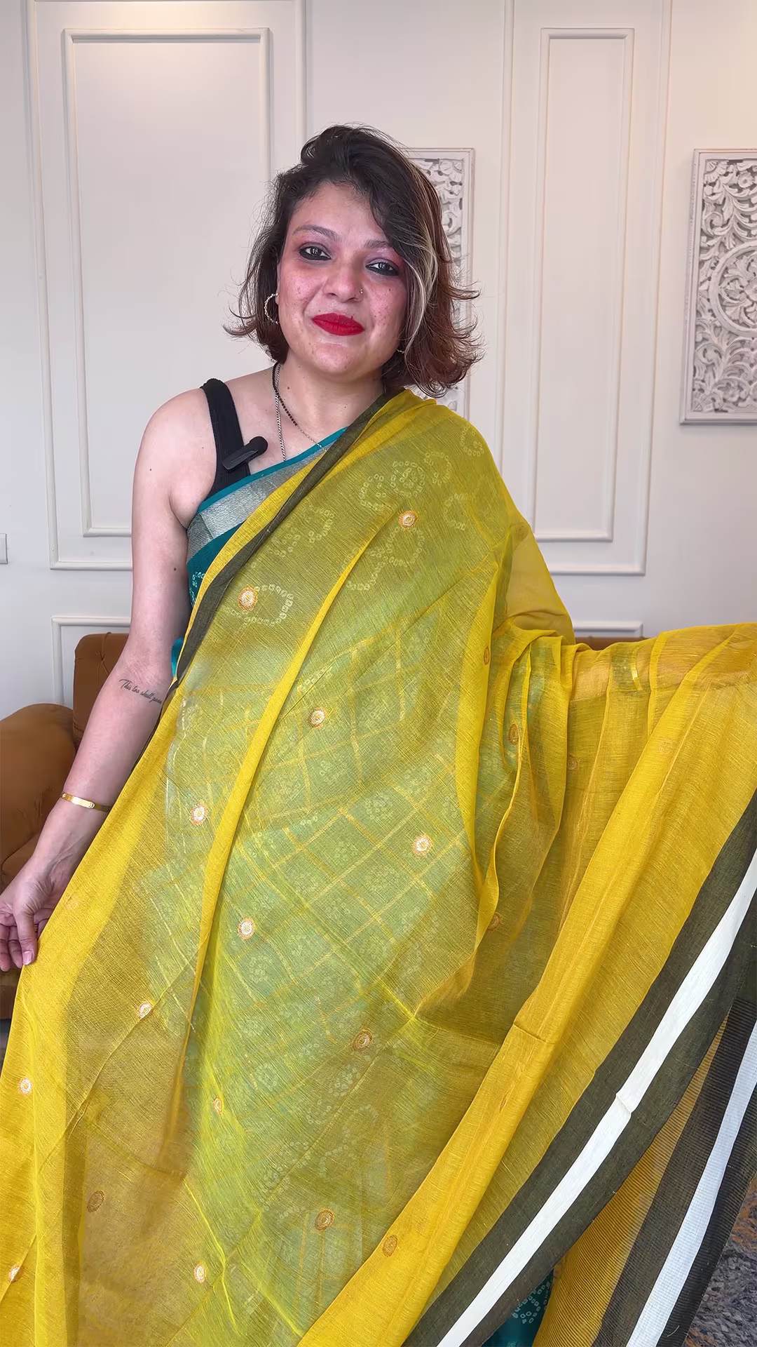 Handloom Pure Muslin and Tissue in Yellow Mustard - Yarn Dyed Saree
